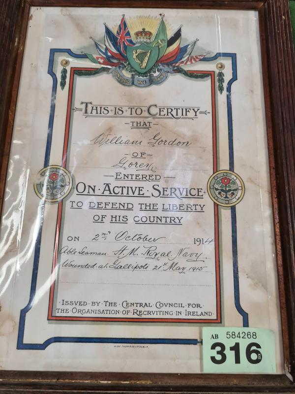 Original Rare WW1 Certificate Gorey Wexford  1915